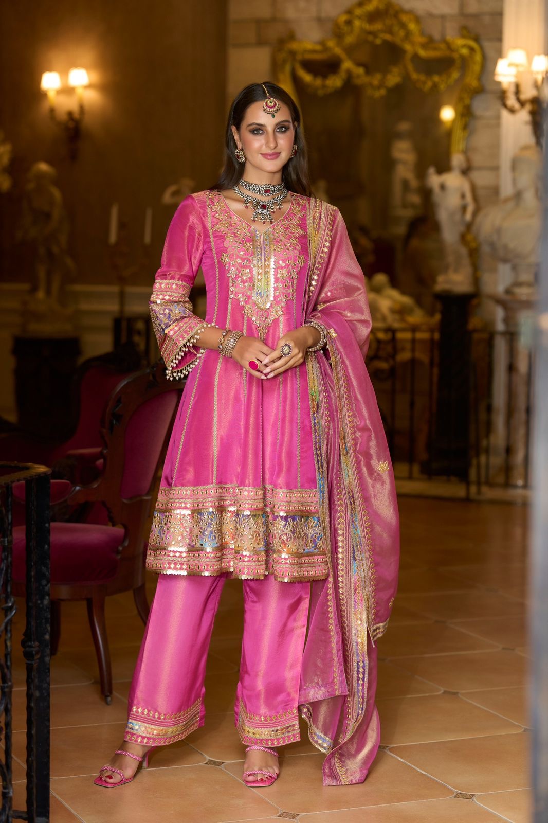 Organza dupatta and shimmer heavy suit