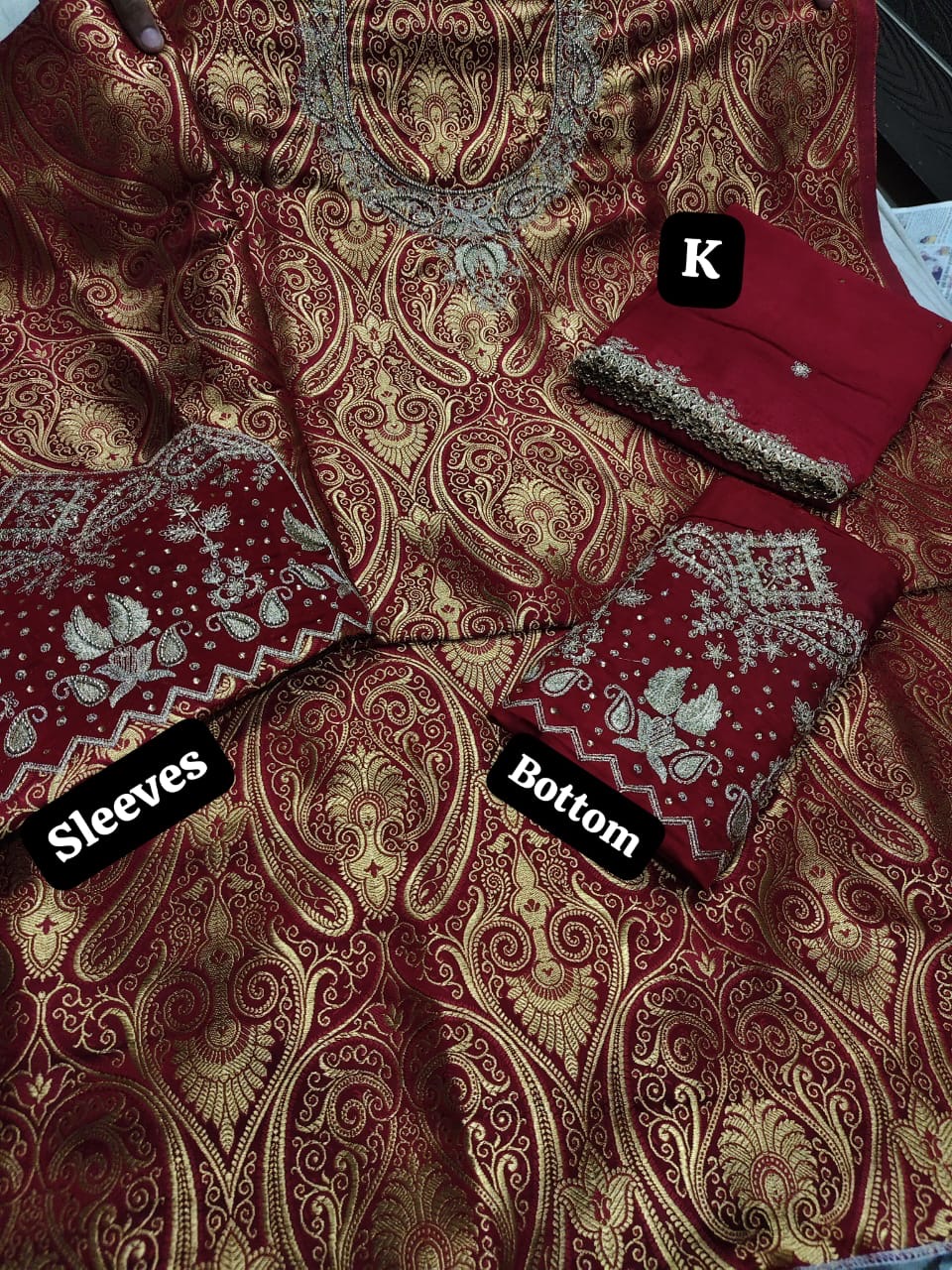 Brocade salwar suit with Handwork and Chinon dupatta