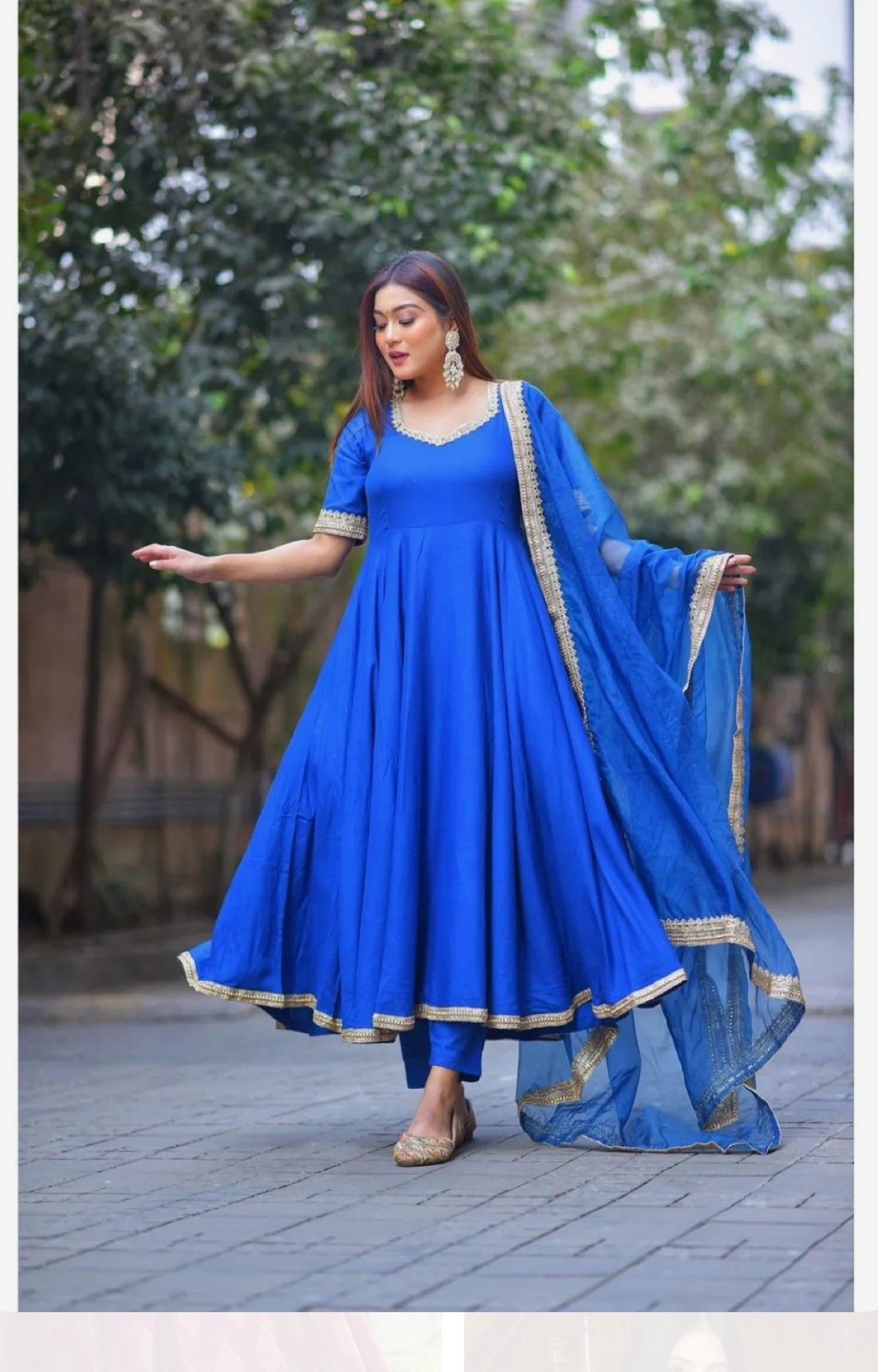 Blue Satin based Frock suit with dupatta and trouser