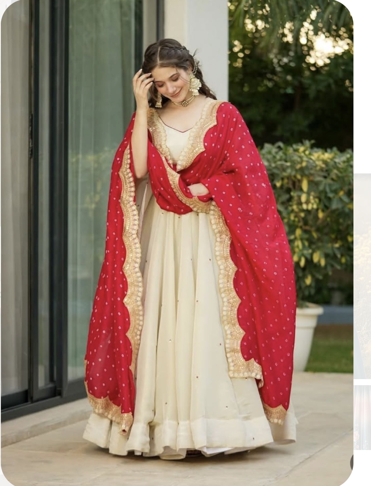 Silk based Ivory frock suit with Red silk dupatta